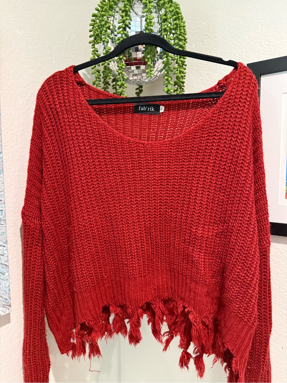 fab'rik Red Cropped Distressed Crewneck Sweater